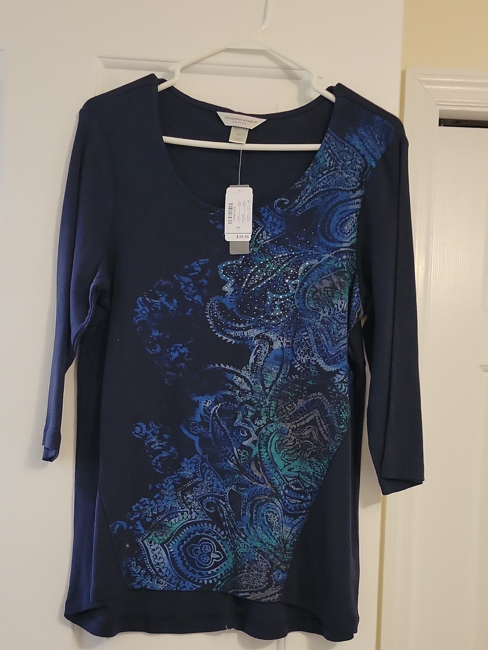 Christopher & Banks Navy Top with Blue Teal Paisley Detail